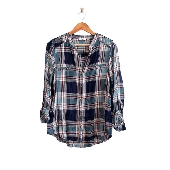 Dex Shirt Plaid Top Teal Black Burgundy Button Up Curved Bottom Women's M Rayon - Picture 1 of 9